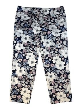 Ann Taylor Floral Ankle Pants Womens 12 Navy White Slim Crop Stretch